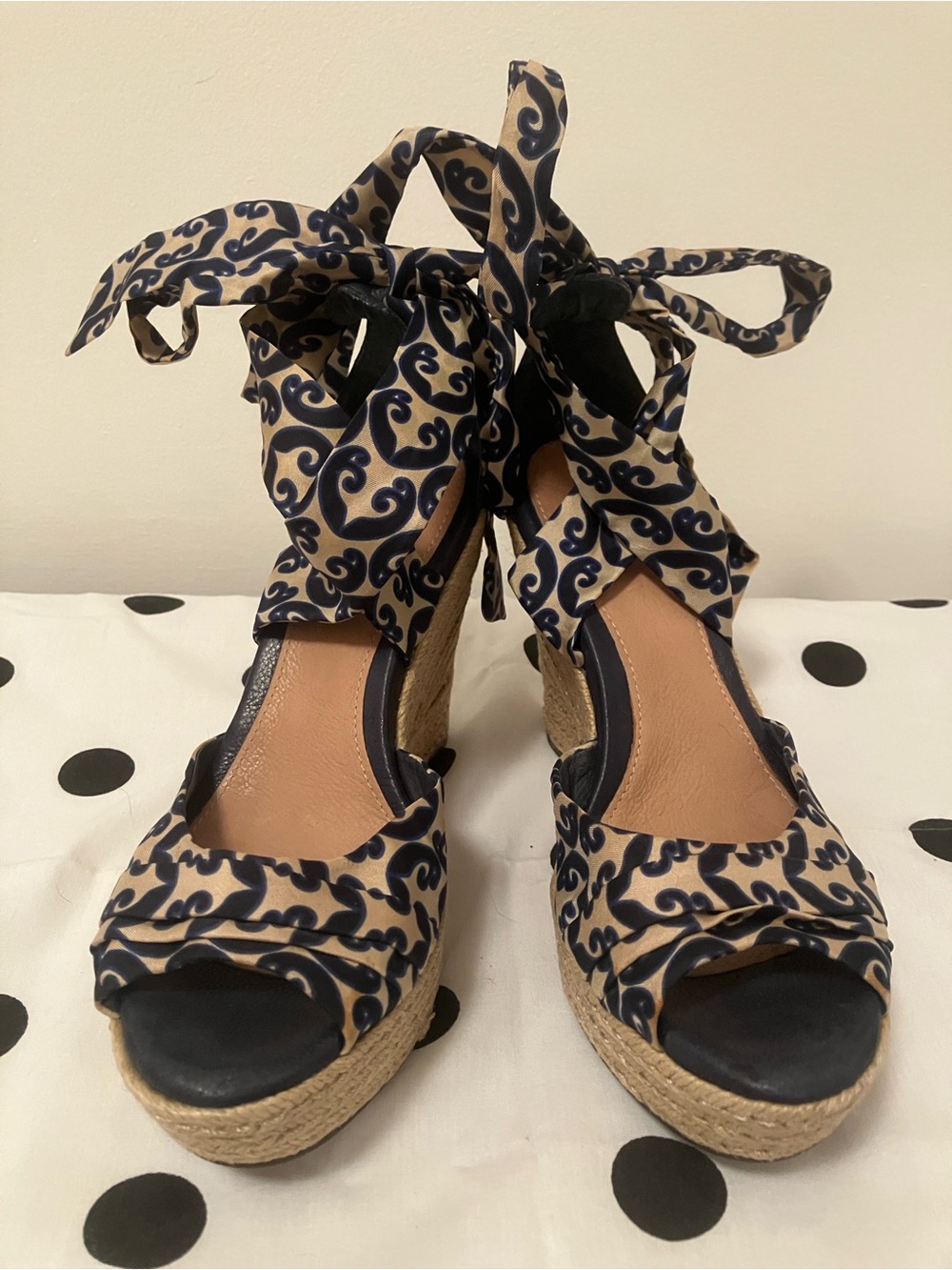 UGG Navy and Beige Printed Espadrille Wedge Sandals with Ankle Ties